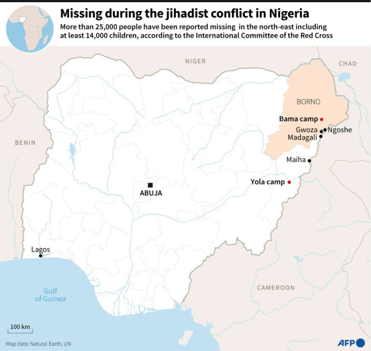 Carte du Nigéria montrant les camps de déplacés Yola et Bama et plusieurs villages cités par des témoins, d&#39;où les Nigérians ont fui ou disparu en raison du conflit jihadiste.