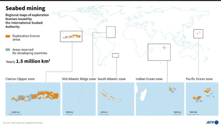 Carte du monde montrant les zones de licences d&#39;exploration minière des fonds marins délivrées par l&#39;Autorité internationale des fonds marins