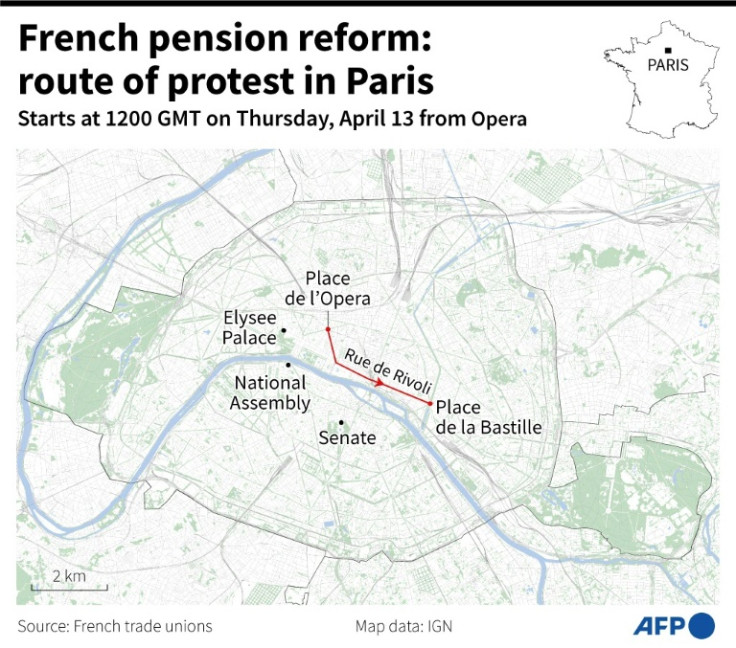 Carte du tracé prévu de la manifestation contre la réforme des retraites à Paris le 13 avril 2023