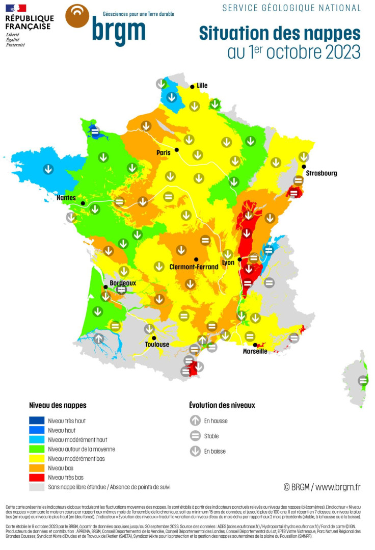 Carte de France hexagonale de la situation des nappes d'eau