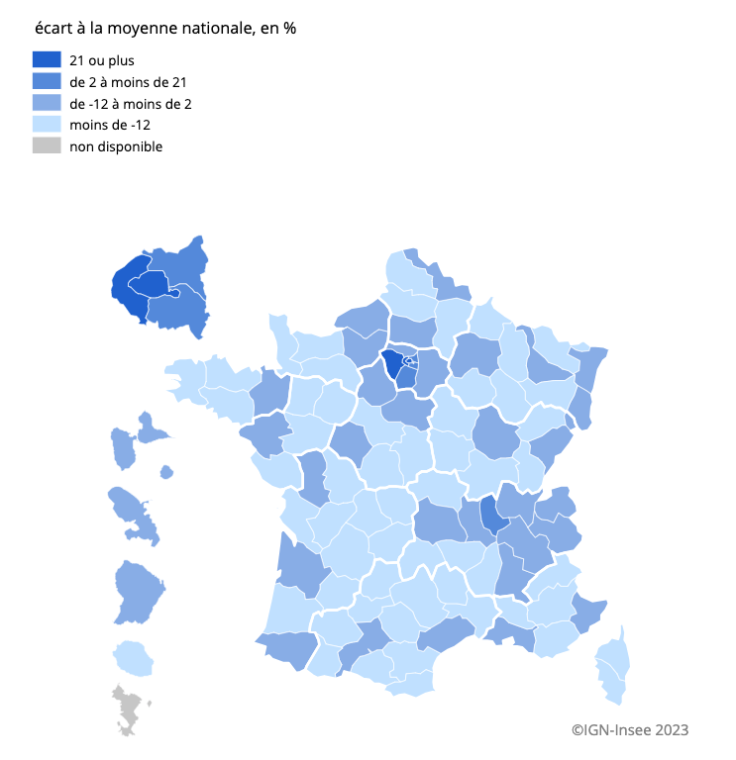 L'écart des salaires des départements par rapport à la moyenne