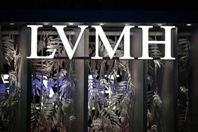 A logo of French luxury group LVMH is displayed during